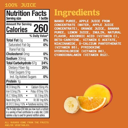 Naked Boosted Smoothie Mighty Mango Machine, 15.2 fl oz Bottle - Real Fruit Juice Smoothie with Fiber, Excellent Source of Vitamin C and Vitamin E for Immune Support