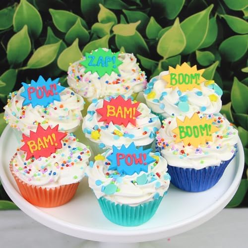 Edible Cupcake Decorations, Super Hero Comic Book Action Words, Edible Kosher Royal Icing Decoration, by Global Sugar Art, 24 Count