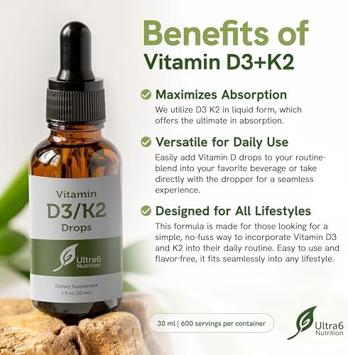 Ultra6 Nutrition Vitamin D and K2 Drops - Liquid Vitamin D3 with K2 Supplements for Adults - Easy-to-Take, Flavor-Free, Highly Absorbable VIT D3 and K2 Supplements, Made in USA (30 ml)