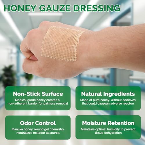 Greetmed Honey Gauze Wound Dressing 4" x 4" Medical Grade Manuka Honey Wound Care Pads Honey Bandages for 1st & 2nd-Degree Burns, Abrasions, Cuts and Scalds (Individually Pack of 10)