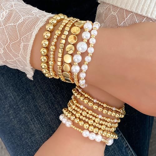 KISS WIFE Gold Bracelets for Women Gold Bracelet Stack Pearl Beaded Bracelets for Women Strand Bead Ball Stretchable Elastic Bracelet Set Adjustable Fashion Accessories Jewelry for Gifts