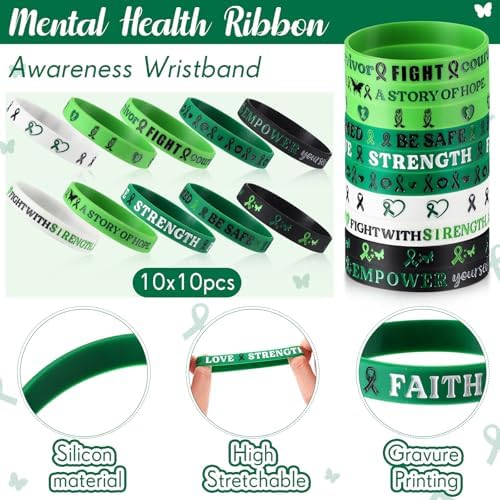 50 Pcs Mental Health Awareness Bracelets Bulk Green Ribbon Silicone Wristband Motivational Green Bracelets Rubber for Men Women Mental Health Awareness Month Gifts