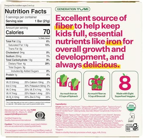 Yumi Organic Toddler Snacks Bars - Gluten-Free, No Added Sugar, 7+ Vegetables, Soft-Baked Crust, Yumi Bars Healthy Toddler Organic Snacks - School Safe and for Lunch Boxes, Strawberry & Rhubarb (30ct.)