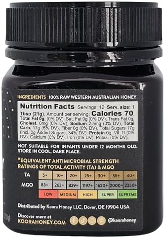 KOORA Jarrah Honey TA 35+ (Stronger than MGO 2000+ Manuka Honey Bioactivity) Raw Medicinal Honey with Medical Grade Potency for Daily Health and Immune Support from Western Australia, 8.8 oz