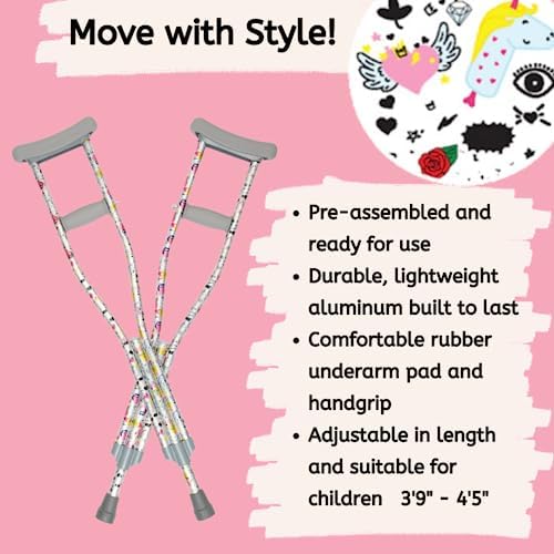 SCS Direct My Crutches - Youth Junior for Kids with Adjustable Handgrip and Length! Children 3'9" to 4'5" Made of Lightweight, Durable Aluminum with Underarm Padding Doodle Pattern