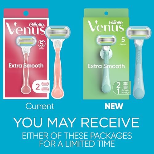 Gillette Venus Extra Smooth Razor for Women, Includes 1 Reusable Razor Handle + 2 Refills, Ergonomic No-Slip Gel Handle and Shower Holder