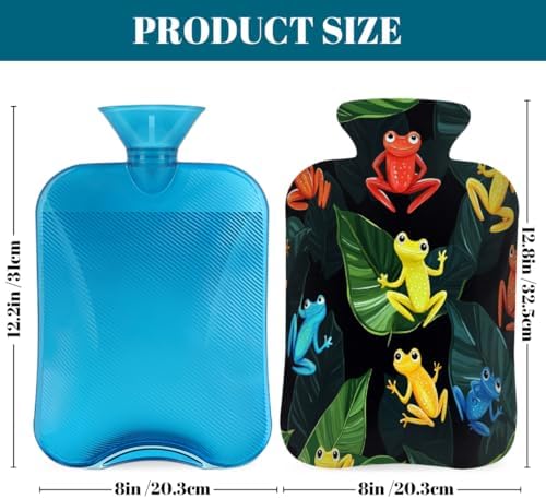 Hot Water Bottle with Cover, Colorful Frogs Green Leave 2L Hot Water Bag for Hot/Cold Compress, Hand Feet Warmer, Menstrual Cramps, Neck and Shoulder Pain Relief