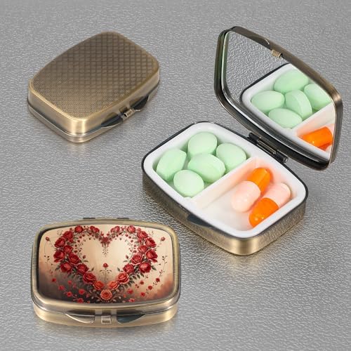 Pill Case Pill Box with Mirror Retro Pocket 2 Compartment Medicine Case Vitamin Pill Organizer for Pocket Purse and Travel (Retro-Rose Heart Wreath)