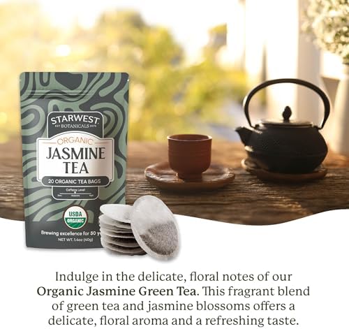 Starwest Botanicals Organic Jasmine Tea - Caffeinated Herbal Blend, Green Tea Scented with Natural Jasmine Flowers, Fragrant & Uplifting, Enjoy Hot or Iced, USDA Organic, Non GMO - 20 Bags
