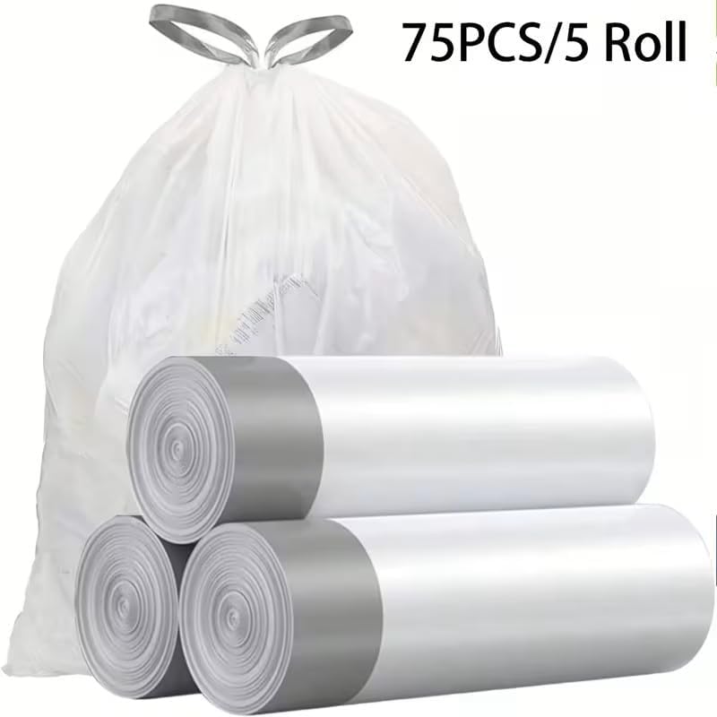5 Rolls of 75pcs of Thick Disposable Drawstring Trash Bags, Suitable for Household And Office Cleaning, White