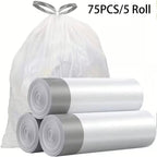 5 Rolls of 75pcs of Thick Disposable Drawstring Trash Bags, Suitable for Household And Office Cleaning, White