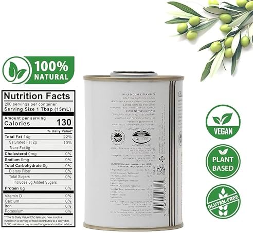 Pack of 2 Extra Virgin Olive Oil Tin, Great Taste Cold Pressed, Intense Flavor, Contains Polyphenols Rich Olive Oil from the Land of Laconia 2X250ml Tin