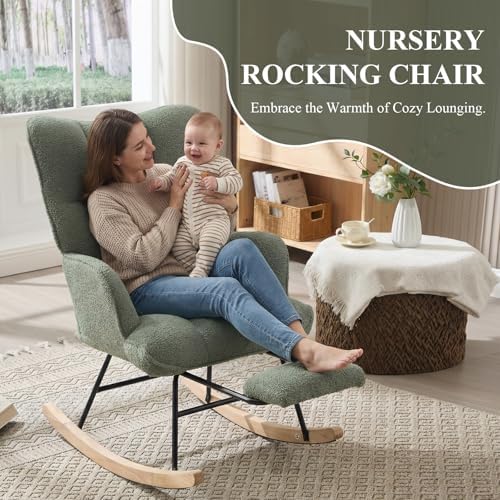 NIOIIKIT Nursery Rocking Chair, Teddy Upholstered Rocker Chair with Footrest, Glider Chair with Side Pocket, Comfy Rocker Recliner with High Backrest, Rocking Accent Chair for Living Room (Green)