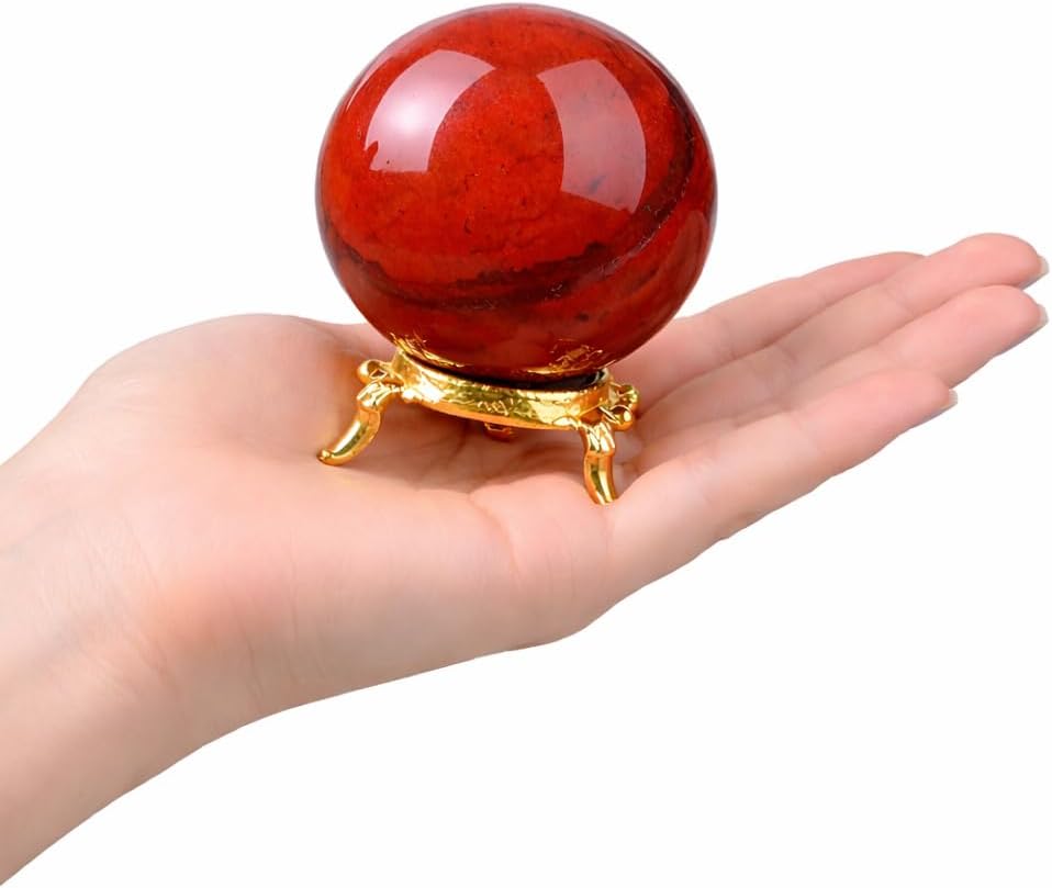 Crocon 55mm Red Jasper Stone Sphere Ball with Metal Stand 1400+ Carats Gemstone Ball Healing Sphere Sculpture Figurine for Fengshui Divination Home Decoration Photography Crystal Sphere