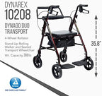 Dynarex DynaGo Duo Transport 4 Wheel Rollator is a Stand-Up Rolling Walker and a Seated Transport Wheelchair, with Fold-Down Footrests and a Weight Capacity of 300 pounds, Red Frame, 1 Rollator