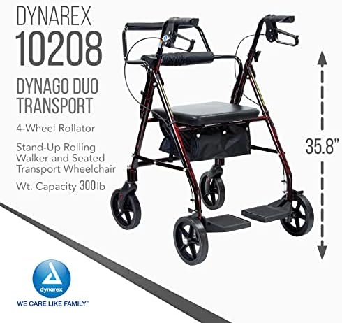 Dynarex DynaGo Duo Transport 4 Wheel Rollator is a Stand-Up Rolling Walker and a Seated Transport Wheelchair, with Fold-Down Footrests and a Weight Capacity of 300 pounds, Red Frame, 1 Rollator