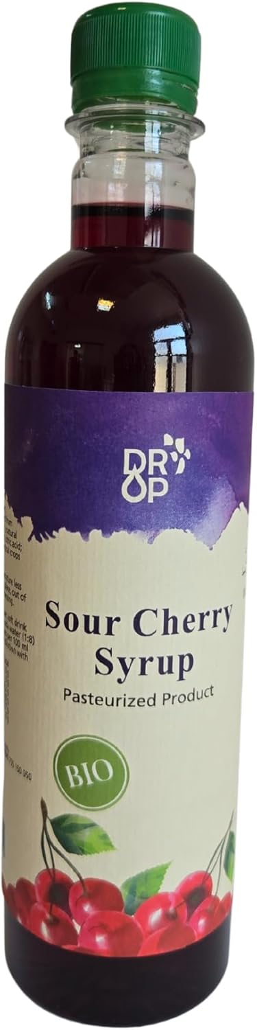 DROP Pure Organic Sour Cherry Flavor Bio Syrup-16.9oz (500ml), Natural 30% Concentrate Fruit Syrups,Great For Cocktails,Bevarages,Coffee,Shaved Ice and Ice-Cream,Gluten-Free, NON-GMO Snow Cone Syrup