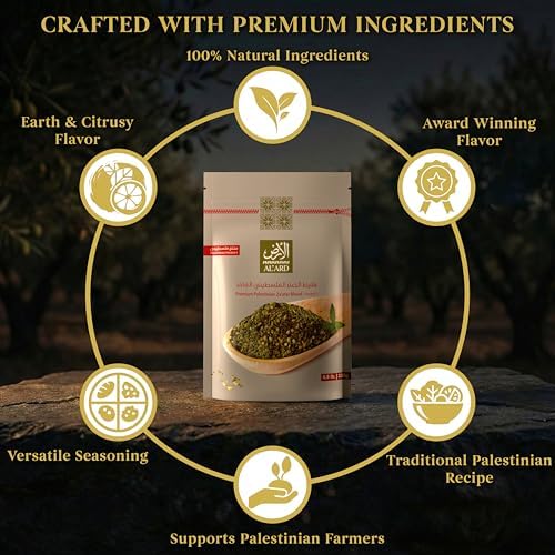 Al'Ard Premium Palestinian Za'atar Spice Blend 0.5lb/226g, Authentic Zaatar Seasoning with Thyme Sumac Sesame Seeds, Mediterranean Seasoning for Bread, Dips and Salad, Middle Eastern Herbs