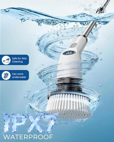 Electric Spin Scrubber, Rechargeable with Upgraded Battery & Extended Runtime, IPX7 Cleaning Brush, 3000mAh Battery 7 Brush Heads 2-Speed Adjustable Long Handle for Bathroom & Tile Floor Cleaning