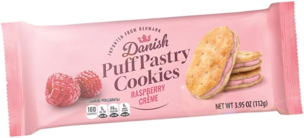 Danish Puff Pastry Cookies Raspberry Cream Sandwich: Caramelized Sugar European Food, Imported from Denmark, Gourmet Dessert Snack Gift Treat, 3.95oz Benton Bag