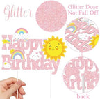 Rainbow Birthday Party Cake Topper Rainbow Birthday Decoration Pink Rainbows Happy Birthday Cake Topper for Girls Cloud Sun Star Theme Party Weather Theme Baby Shower Supplies