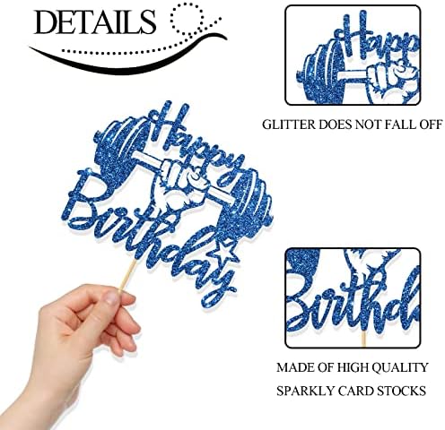 Weightlifting Happy Birthday Cake Topper for Boy Girl/Weight Lifter Birthday Party Decor/Sport Sign Cake Topper/Fitness Gym Party Decorations Blue Glitter