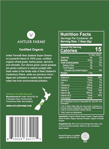 Antler Farms - 100% Pure Organic New Zealand Super Greens Powder, 40 Servings, 200g - Wheat Grass, Barley Grass, Chlorella, Spirulina - Vegan, Gluten Free, Chlorophyll Rich, for Energy and Detox