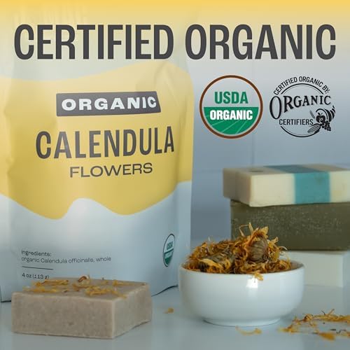 J Mac Botanicals, Organic Calendula Flower (4 ounce), whole dried flowers and petals, loose leaf tea, marigold flower, USDA Certified Organic. Great for loose leaf teas, cocktail bombs, salve