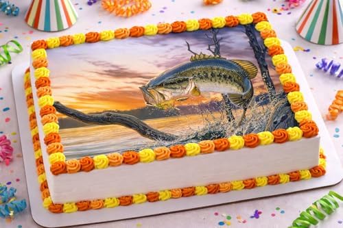 Bass Fish Edible Cake Topper – Fishing Birthday Party Decor for Anglers & Outdoor Enthusiasts – 7.5″ × 10″ Edible Icing Art Sheet for Cakes & Cupcakes