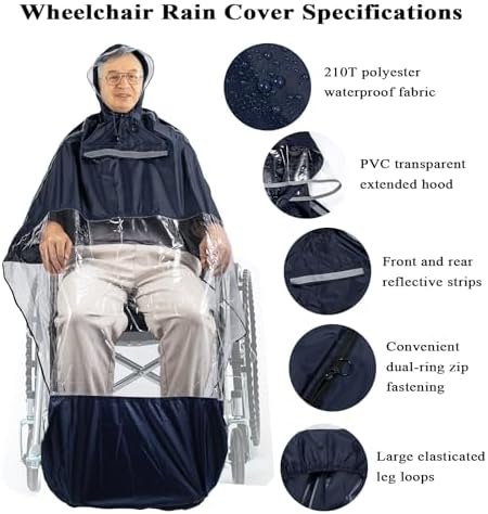 Wheelchair Poncho Cover Breathable & Waterproof Wheelchair Rain Cape Cover for Adults with Semi-Transparent Hood and Waterproof Zipper,Mobility Scooter & Electric Wheelchair Accessories,Universal Fit