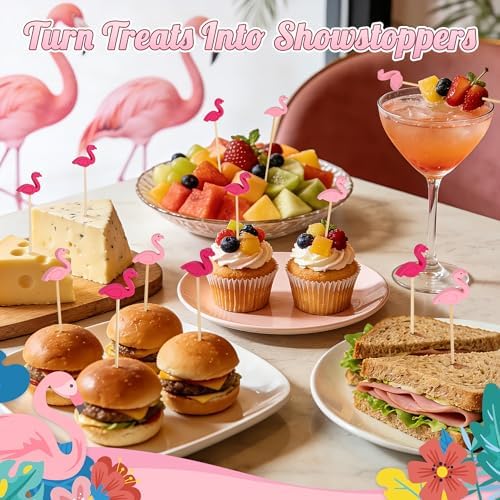 100 Pink Flamingo Cocktail Picks, 4.7 IN Decorative Toothpicks for Appetizers, Bamboo Fruit Skewers Charcuterie Sticks for Food Drinks, Summer Tropical Hawaiian Luau Themed Party Decorations Supplies