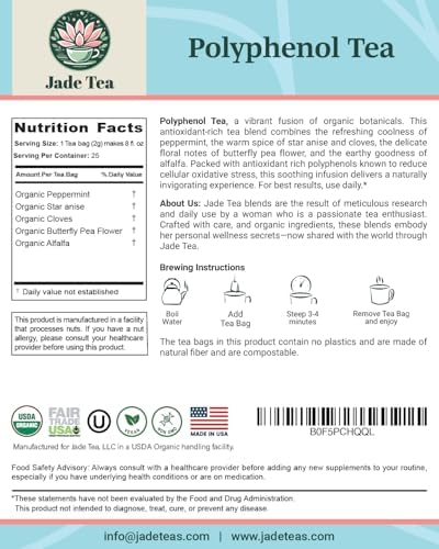 Jade Tea - Organic Polyphenol Tea - Peppermint Leaf, Star Anise, Clove, & Butterfly Pea Flower - Antioxidant Rich - 25 Count (Pack of 1) - Made In USA