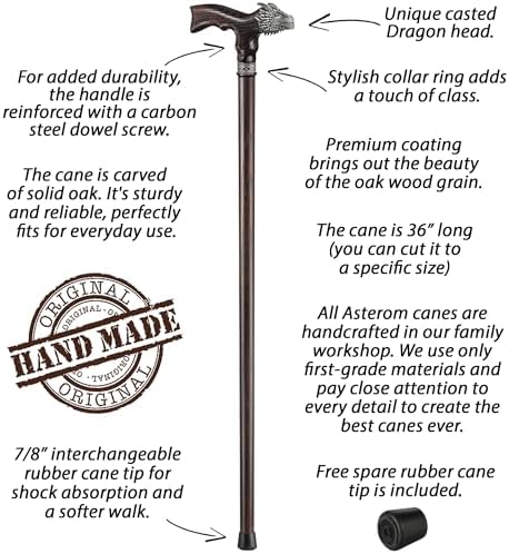 Asterom Handmade Wooden Walking Cane for Men and Women - Dragon - Fashionable Walking Stick Unique Wood Cane