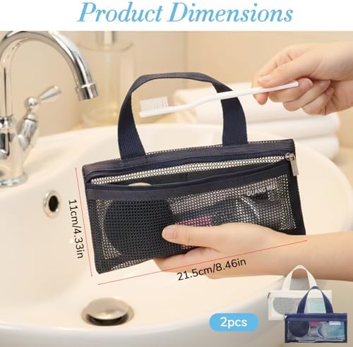 2 PCS Toothbrush Pouch, Mini Travel Toiletry Bags Portable Mesh Zipper Makeup Bag Travel Toothbrush Bag Square Mesh Storage Bags with Zipper for Men and Women (Beige, Blue)
