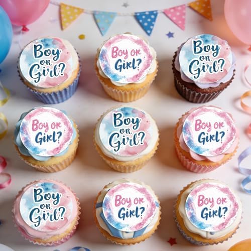 48 Pack Edible Boy or Girl Cupcake Toppers Wafer Paper Gender Reveal Cupcake Picks Baby Shower Cake Decor for Gender Reveal Party Cake Decorations Supplies