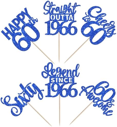 24PCS Blue Happy 60th Birthday Cupcake Toppers Sixty Straight Outta 1966 Cupcake Picks Cheers to 60 Lengend Since 1966 Cake Decorations for 60th Birthday Anniversary Party Decorations Supplies