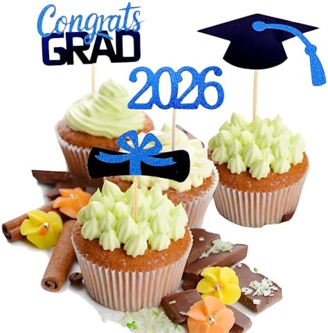 2026 Graduation Cupcake Toppers, 48 PCS Food/Appetizer Picks For Graduation Party Mini Cake Decorations, Diploma, 2026, Grad Cap Set 48 Pieces (02 Blue)
