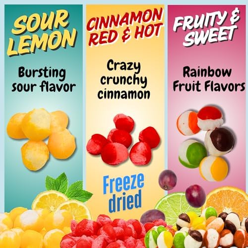 Freeze Dried Candy Variety Pack – Rainbow Krunchies, Sour Lemon Ballz, Cinnamon Hotties – Sweet & Sour Crunchy Snack – 3 Bags – Viral Snack Gift – Yum Yum Candy Shop