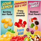 Freeze Dried Candy Variety Pack – Rainbow Krunchies, Sour Lemon Ballz, Cinnamon Hotties – Sweet & Sour Crunchy Snack – 3 Bags – Viral Snack Gift – Yum Yum Candy Shop