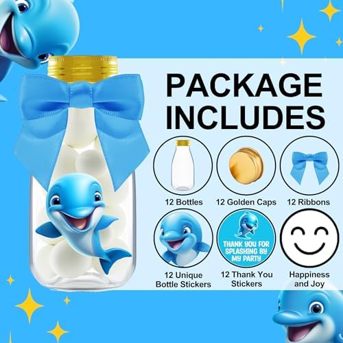 Ethisa Small 12 Pack Dolphin Party Favors - DIY Candy Jars with Ribbons and Stickers - Party Decoration Bottles for Birthday, School Classroom, and Baby Shower - Dolphin Table Centerpiece for Kids