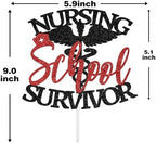 Nursing School Survivor Cake Topper, Congrats RN/BSN/NP/LPN, Nurse Grad Graduation Party Decorations Supplies, Black and Red Glitter