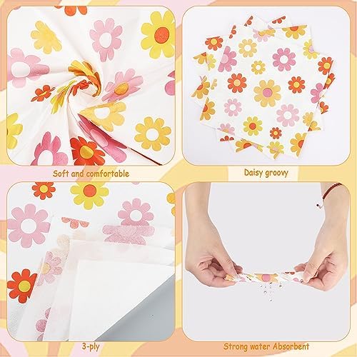 120 PCS Daisy Paper Napkins Groovy Daisy Boho Dinner Napkins Disposable Flower Decorative Party Napkin for Baby Shower Birthday Wedding Seasonal Holiday Party Supplies