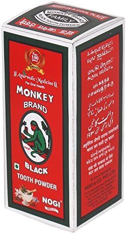 Ayurvedic medicine-Monkey Brand Black Toothpowder is made with activated neemwood charcoal and herbs based on an ancient Vedic text the Sidhayog Samhita. Natural teeth whitening and holistic oral care