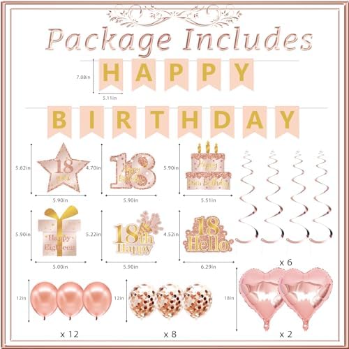 RTHPY 18th Birthday Decorations for Girls, It's My 18th Birthday Crown and Sash Pink Rose Gold 18th Cake Topper Banner Backdrop Balloons Hanging Swirls Happy 18 Years Old Party Supplies