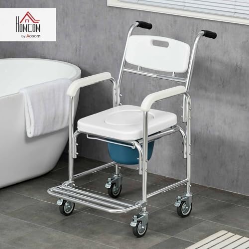 HOMCOM 3-in-1 Shower Commode Wheelchair, FSA/HSA Eligible Transport Beside Commode Chair, Waterproof Rolling Over Toilet Chair 330 lbs. Weight Capacity with Padded Seat, White