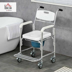 HOMCOM 3-in-1 Shower Commode Wheelchair, FSA/HSA Eligible Transport Beside Commode Chair, Waterproof Rolling Over Toilet Chair 330 lbs. Weight Capacity with Padded Seat, White