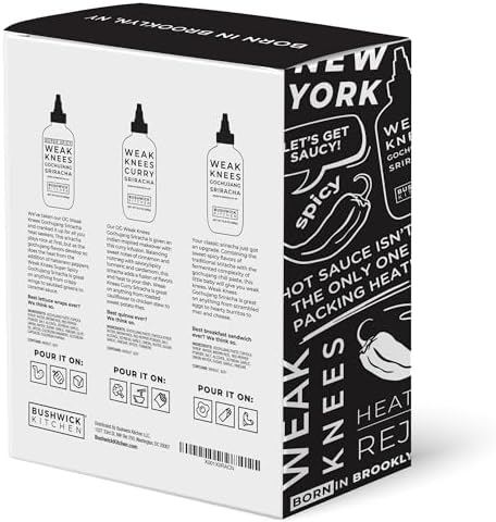 Bushwick Kitchen Sriracha Sampler Gift Box, Set Includes Gochujang Sriracha, Super Spicy Gochujang Sriracha, Curry Sriracha Hot Sauce, 5 Recipes, Chile Pepper Dish Towel, and Bushwick Kitchen Gift Box