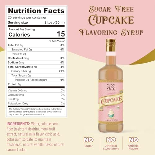 ChocZero Sugar Free Coffee Syrup, Cupcake Flavor, No Sucralose Simple Syrup Drink Mix, Birthday Cake Frappe, Protein Shakes & Baking, All Natural, 25.4 Ounces (Pack of 1)
