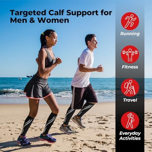 Calf Compression Sleeves for Men & Women (1 Pair), Footless Compression Socks for Leg Support, Shin Splints, Running, Fitness, Travel, Breathable Nylon & Spandex Calf Sleeves, Black