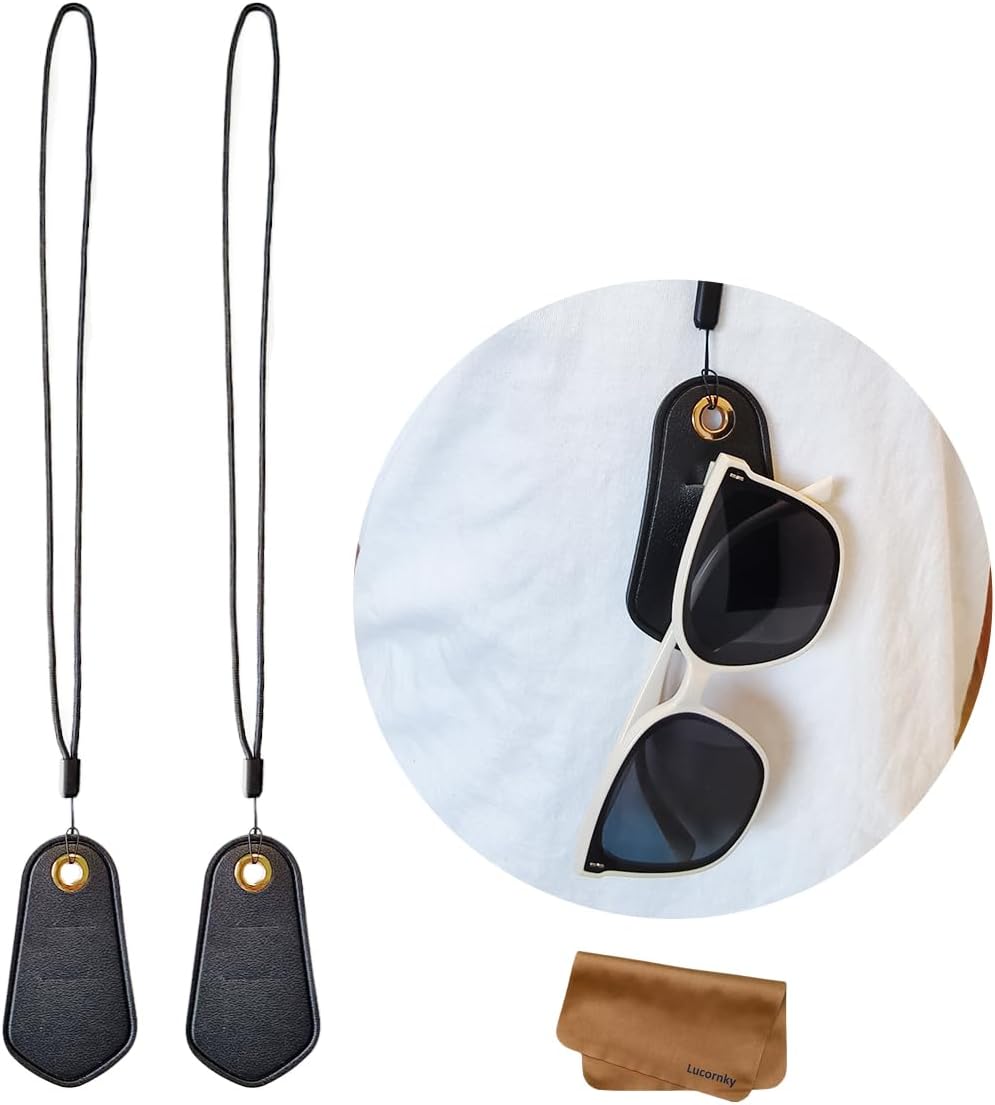 2 Pack Leather Glasses Holder Necklace with Snug Fit Slots. Eyewear Lanyard for Sunglasses & Reading Glasses, Sunglasses Case Secure Cutout Design Stylish Hands-Free Glasses Strap